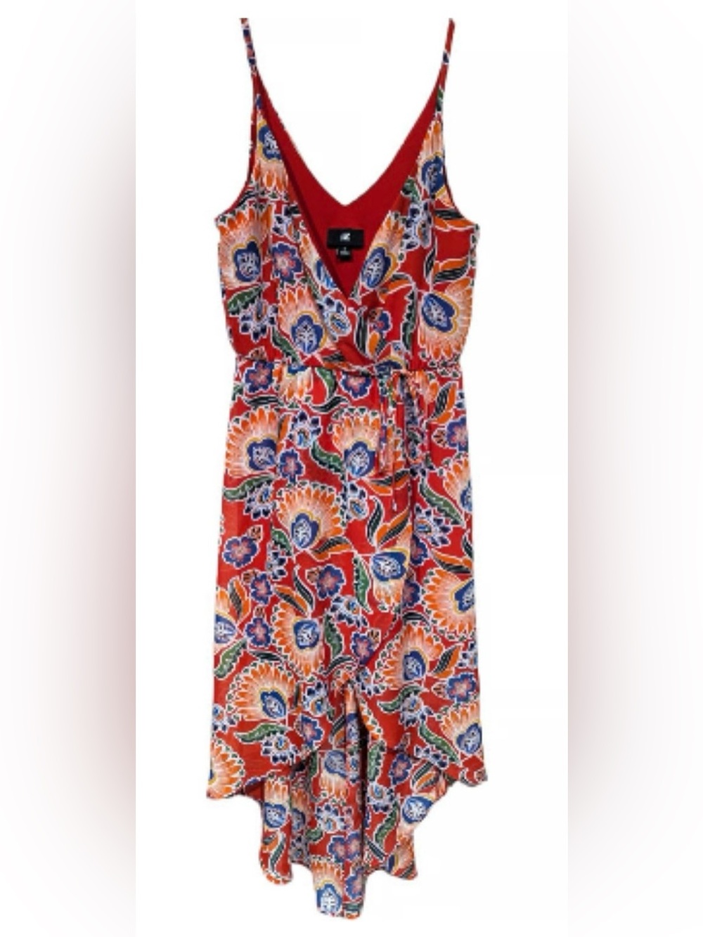 Iz Byer Red Floral Midi Dress with Blue and Orange Accents